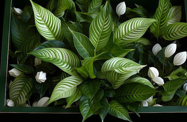 プランター ボックスの白い花の緑の葉の植物