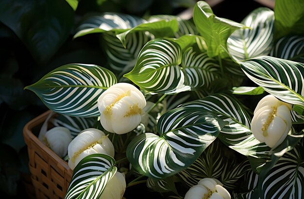 Photo green leaf plant in white flowers in planter box