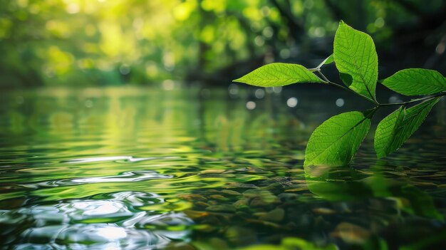 Photo green leaf reflecting in river water closeup copyspace