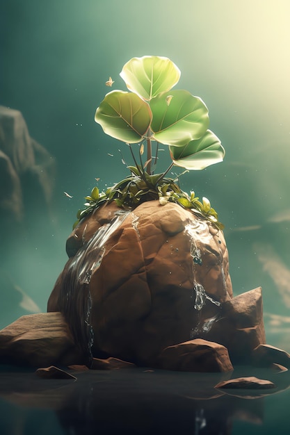 Зеленый лист на камне, по которому стекает вода.