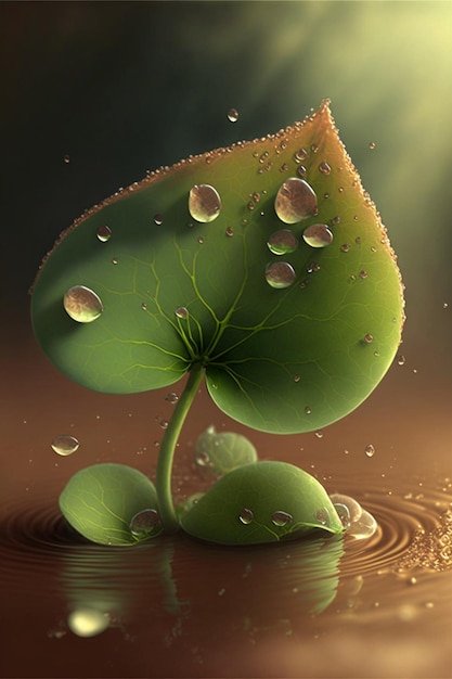 Green leaf sitting on top of a puddle of water generative ai