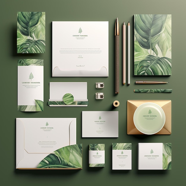 Photo green leaf stationery mockup collection