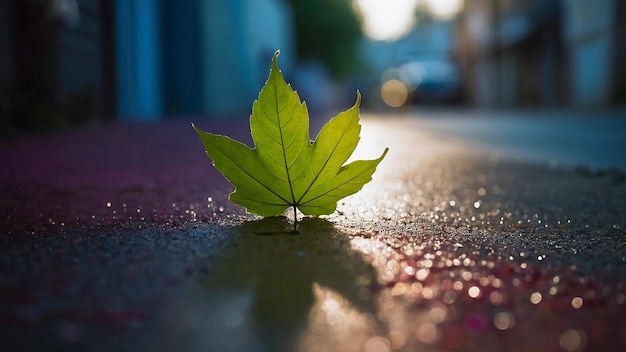 a green leaf that is laying on the ground