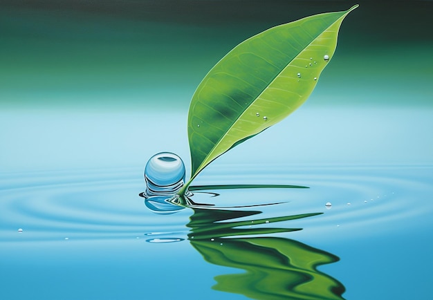 Photo green leaf and water drops on the water surface