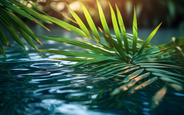 A green leaf in the water with the sun shining on it