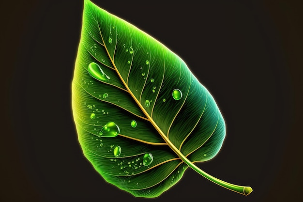 A green leaf with a drop of water on a dark background