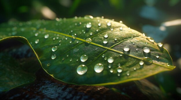 a green leaf with a drop of water on it