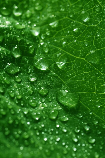 Green leaf with droplets closeup