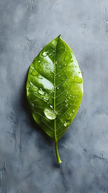 Photo a green leaf with drops of water on it