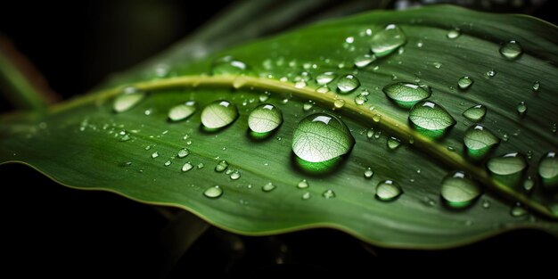 Green leaf with drops of water