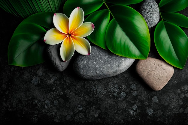 Green leaf with frangipani flower on stones spa background with copy space Generative AI