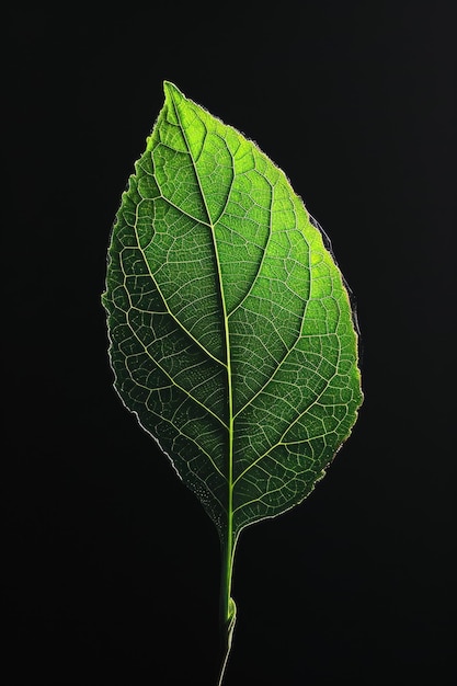 Green leaf with intricate veins isolated on black background