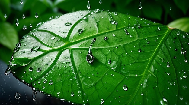 A green leaf with the rain drops on it