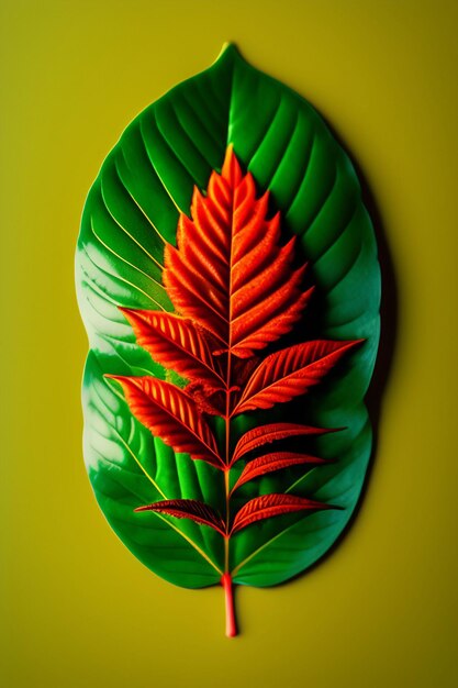 A green leaf with red leaves on it