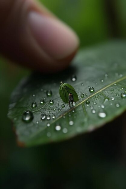 A green leaf with water droplets on it and a finger pointing at the camera