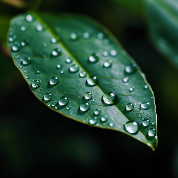 A green leaf with water droplets on it is covered in dew.