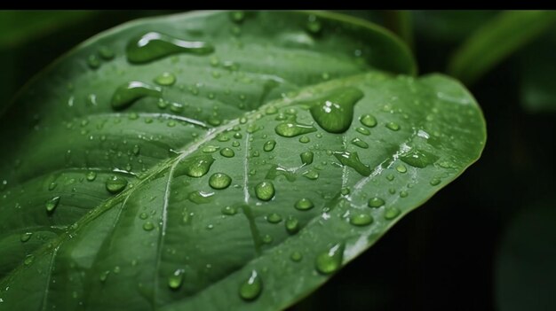 水滴がついた緑の葉が雨粒で覆われている 生成AI