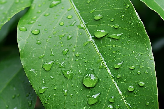 A green leaf with water droplets on it is covered with raindrops