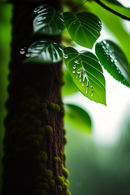 A green leaf with water droplets on it and the leaves are on a tree.