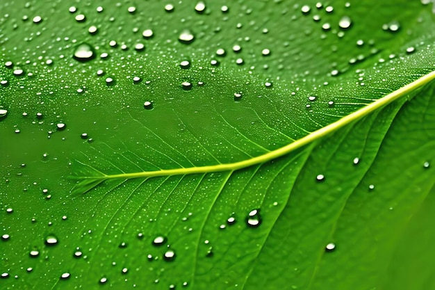 Green leaf with water droplets on it macro photograph