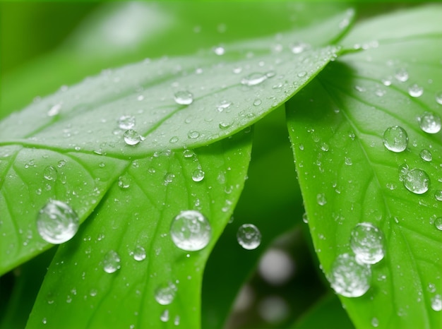 a green leaf with water droplets on it and the rain drops on it