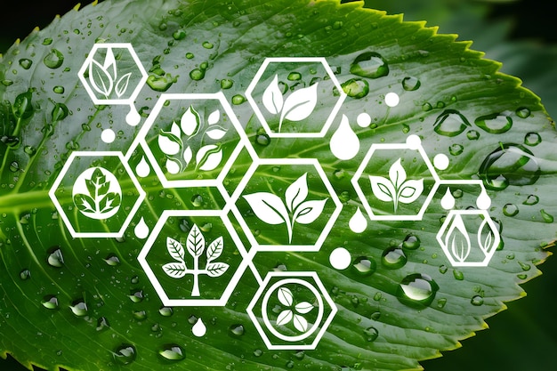 Foto foglia verde con gocce d'acqua che sovrappongono simboli ecologici su esagoni bianchi che promuovono la sostenibilità