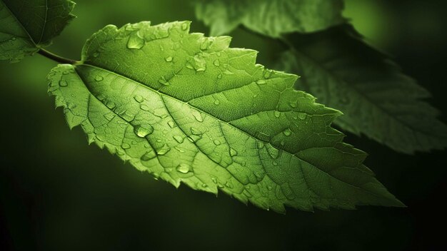 green leaf with water drops close up of leaf