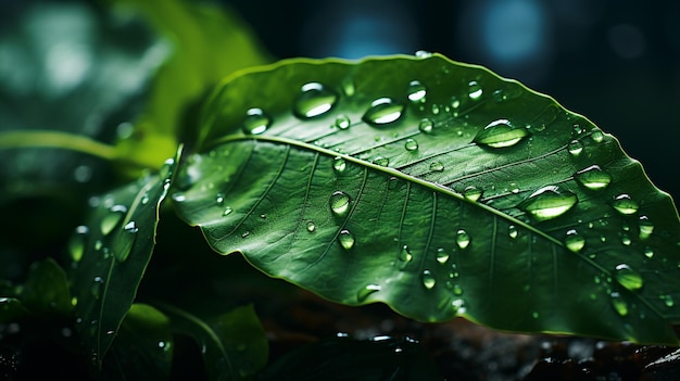 Green leaf with water drops closeup Nature background for design generate AI