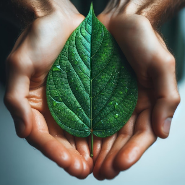 Foto foglia verde con gocce d'acqua nelle mani