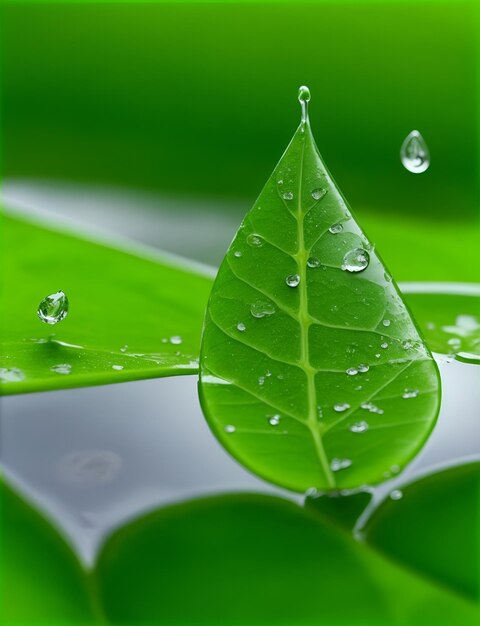 Photo a green leaf with water drops on it and the drops are falling