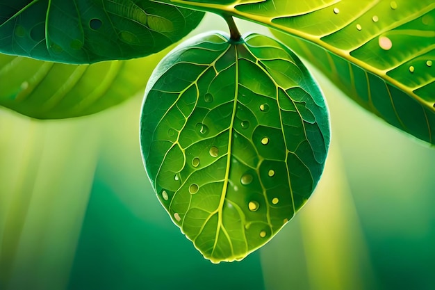 A green leaf with water drops on it