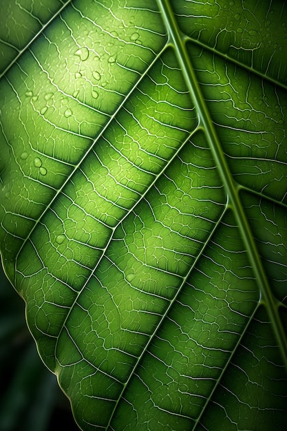 A green leaf with water drops on it