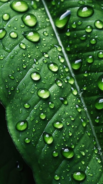 A green leaf with water drops on it.