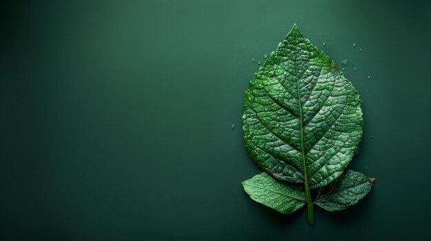 Фото Зеленый лист с каплями воды на темно-зеленом фоне с пространством для копирования
