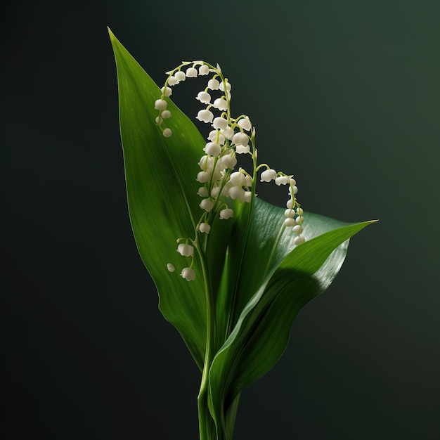 A green leaf with the white flowers of lily of the valley at the sunny day