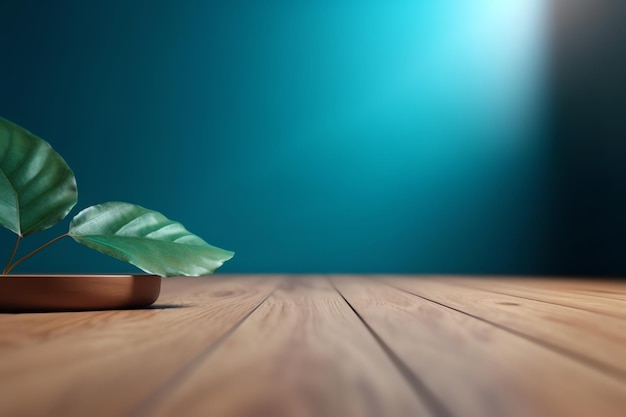 A green leaf on a wooden table with a blue background.