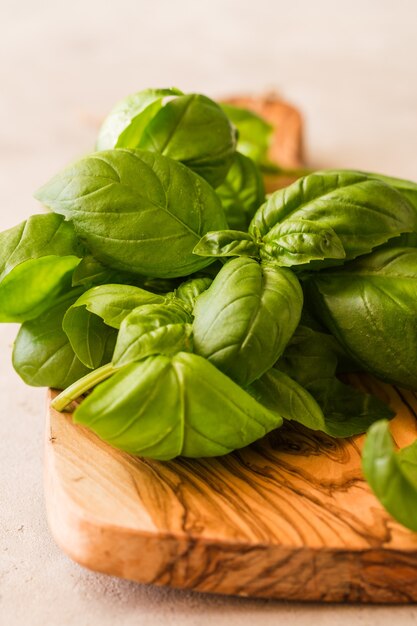 Green leafs of genovese basil on board