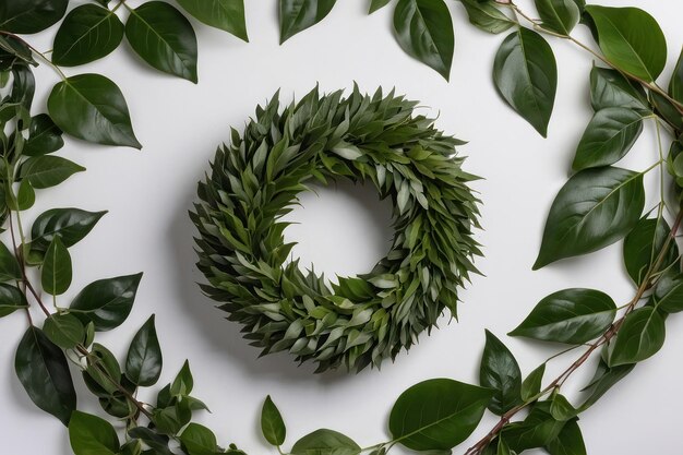 Photo green leafy wreath on white background