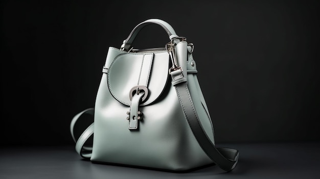 a green leather handbag with a silver strap.