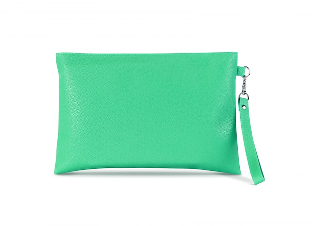 Green leather handle bag with hanging isolated on white 