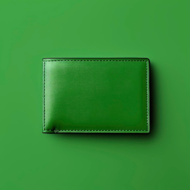 a green leather wallet with a black leather strap.
