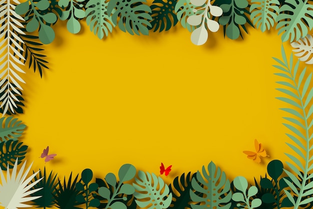 Green Leaves are framed on yellow background, Butterfly paper fly