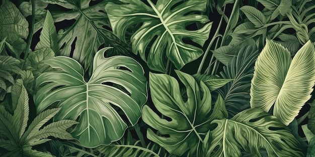 Green leaves background floral tropical pattern for wallpaper generative AI