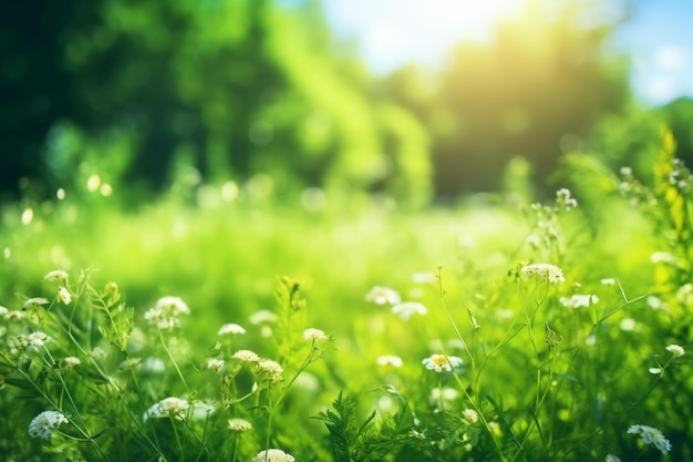 Green leaves background in sunny day with bokeh and sun ray