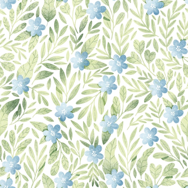 Green leaves and blue flowers seamless pattern botanical illustration
