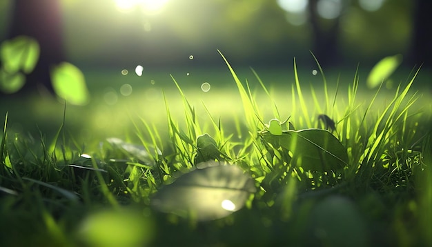 아침 빛의 봄과 여름 배경과 함께 가지와 녹색 잔디에 초록색 잎