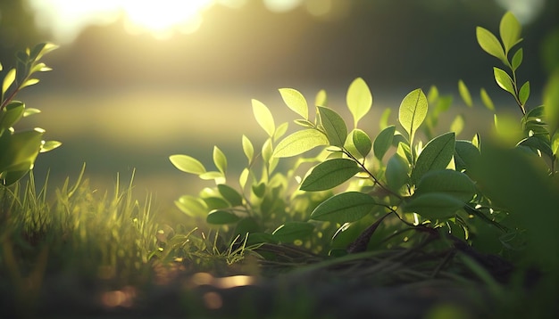 Photo green leaves on branch and green grass with morning sunlight spring and summer background