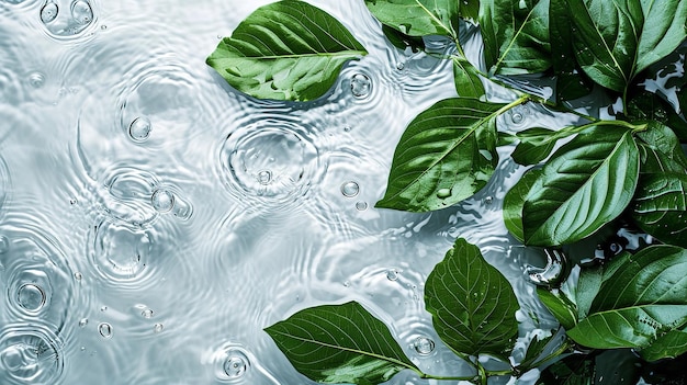 Зеленые листья над чистой прозрачной поверхностью воды с большим пространством для копирования Генеративный ИИ