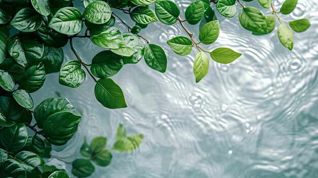 Green leaves over clean transparent water surface with a big copy space Generative AI