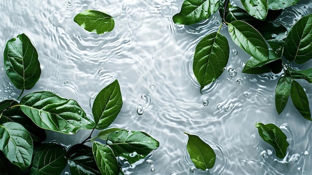 큰 복사 공간을 갖춘 깨끗하고 투명한 물 표면 위에 녹색 잎 생성 AI